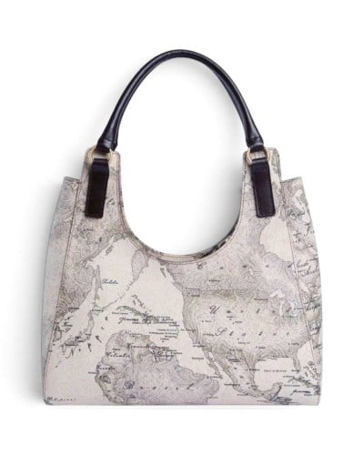 Alviero Martini 1° Classe Hobo Shoulder Bag Female Dove Grey in Coated Fabric and Bovine Leather