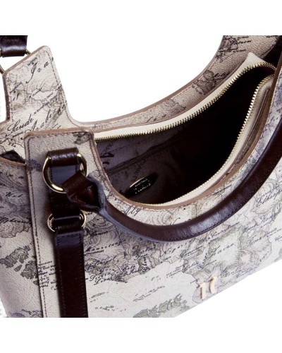 Alviero Martini 1° Classe Hobo Shoulder Bag Female Dove Grey in Coated Fabric and Bovine Leather