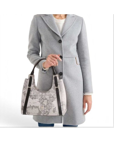 Alviero Martini 1° Classe Hobo Shoulder Bag Female Dove Grey in Coated Fabric and Bovine Leather