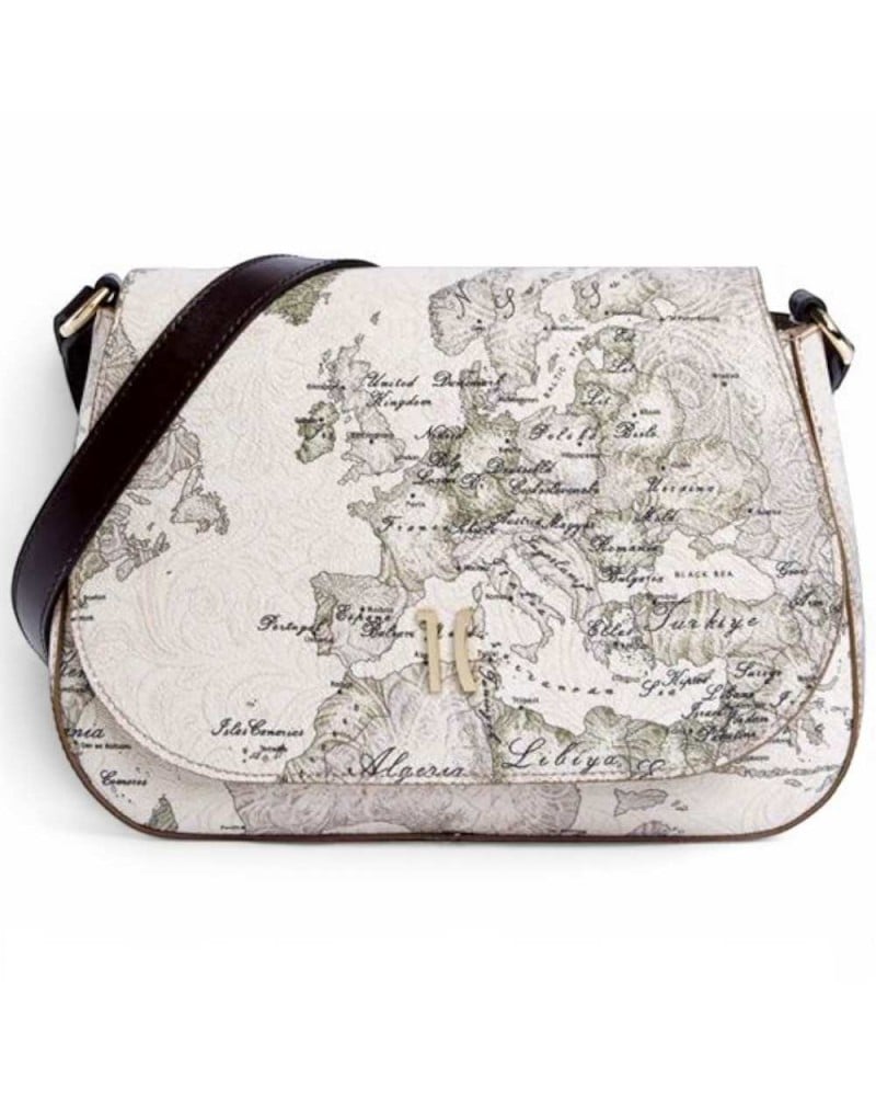 Alviero Martini 1° Classe Shoulder Bag with Flap Female Dove Grey in Coated Fabric and Bovine Leather