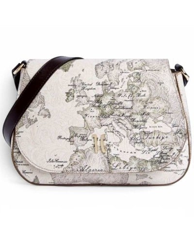 Alviero Martini 1° Classe Shoulder Bag with Flap Female Dove Grey in Coated Fabric and Bovine Leather