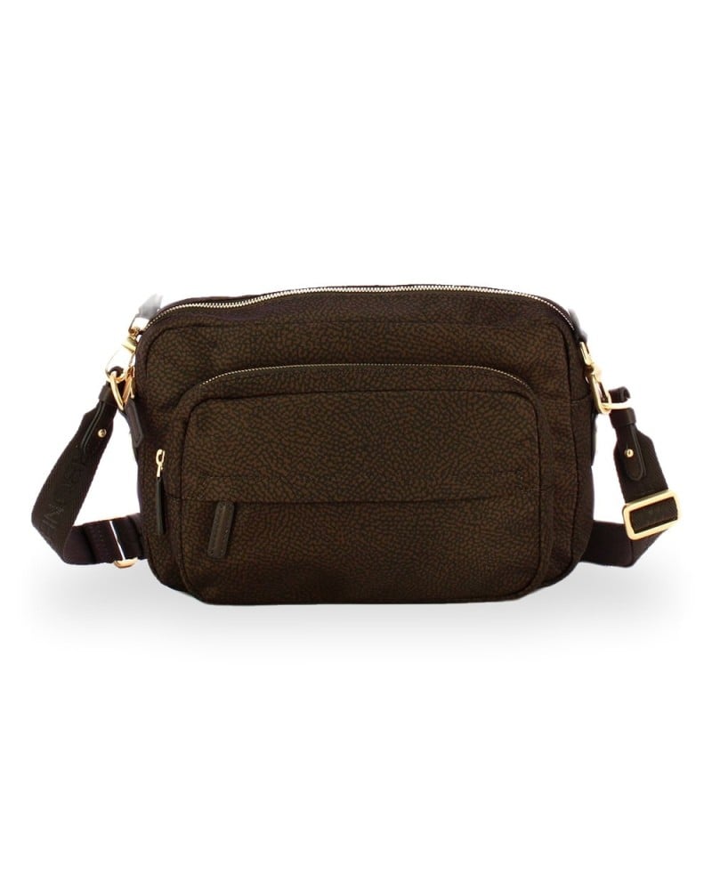 Borbonese Camera Case Tasche M. Damen Cioccolato aus Recyceltem Gewebe und Kalbsleder OP-Print mit Verstellbarem Riemen