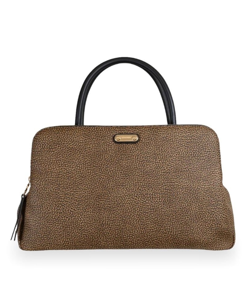 Borbonese Bowling Tasche M. Damen OP Naturale aus OP Soft Canvas und Kalbsleder OP-Print mit Abnehmbarem Riemen