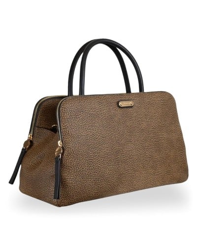 Borbonese Bowling Tasche M. Damen OP Naturale aus OP Soft Canvas und Kalbsleder OP-Print mit Abnehmbarem Riemen