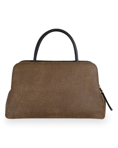 Borbonese Bowling Tasche M. Damen OP Naturale aus OP Soft Canvas und Kalbsleder OP-Print mit Abnehmbarem Riemen