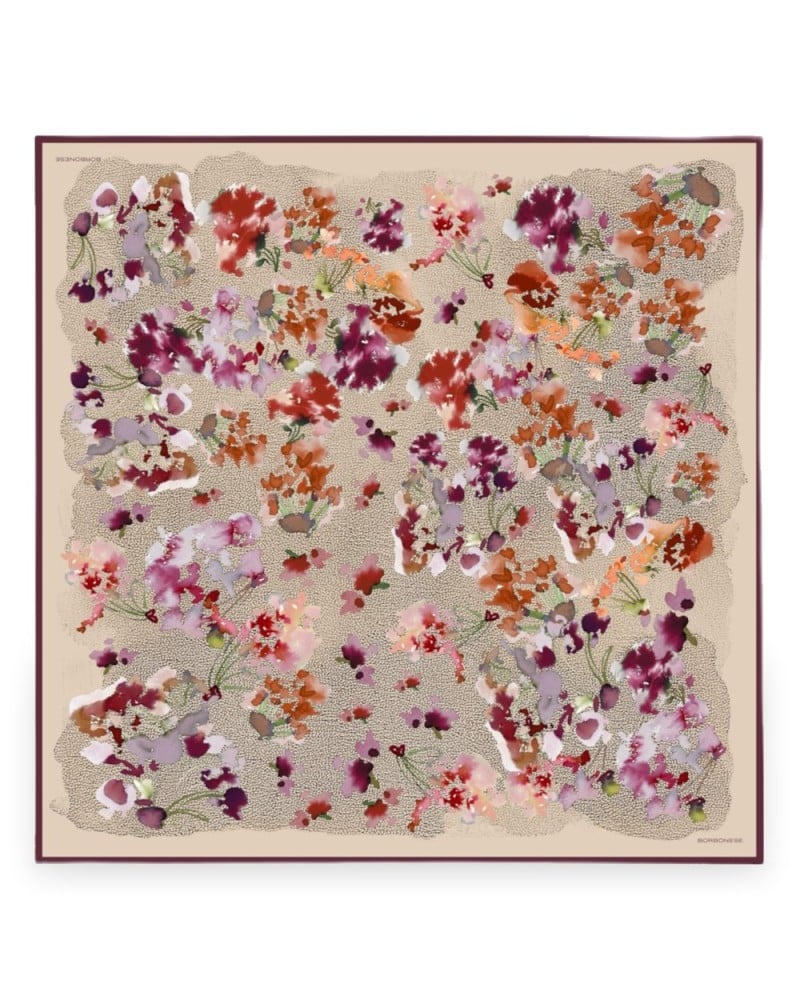 Borbonese Aquarellblumen Tuch Damen Cabernet aus Seiden-Twill 90x90