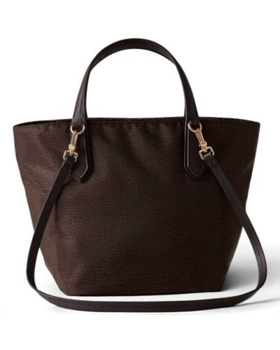 Borbonese Small Shopping Bag Women Cioccolato / Castagno in Fabric and Calf Leather OP Print with Handles