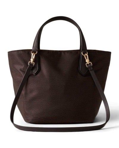 Borbonese Small Shopping Bag Women Cioccolato / Castagno in Fabric and Calf Leather OP Print with Handles