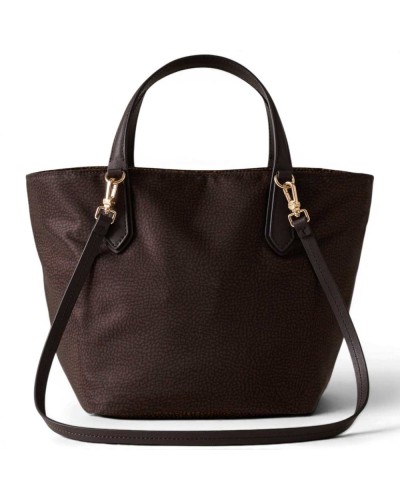 Borbonese Small Shopping Bag Women Cioccolato / Castagno in Fabric and Calf Leather OP Print with Handles