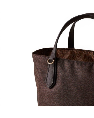 Borbonese Small Shopping Bag Women Cioccolato / Castagno in Fabric and Calf Leather OP Print with Handles