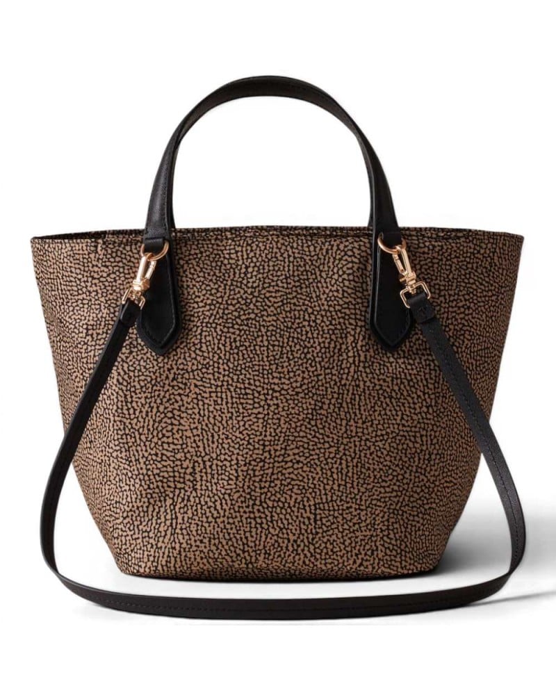 Borbonese Small Shopping Bag Women OP Naturale in Fabric and Calf Leather OP Print with Handles