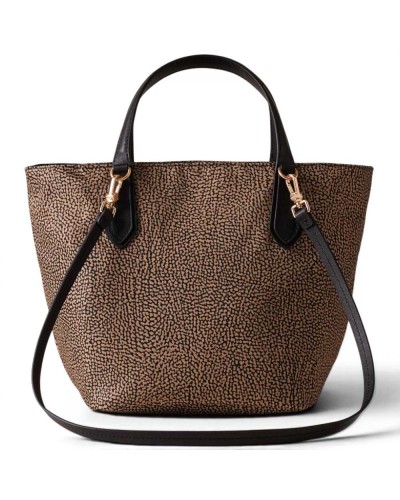 Borbonese Small Shopping Bag Women OP Naturale in Fabric and Calf Leather OP Print with Handles