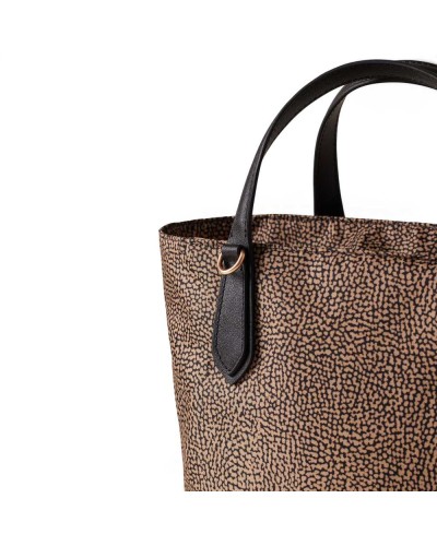 Borbonese Small Shopping Bag Women OP Naturale in Fabric and Calf Leather OP Print with Handles