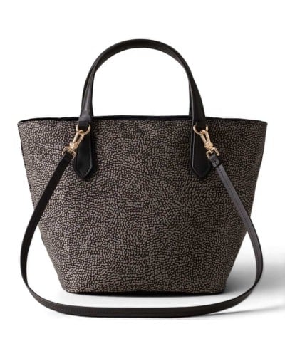 Borbonese Small Shopping Bag Women Catrame / Nero in Fabric and Calf Leather OP Print with Handles