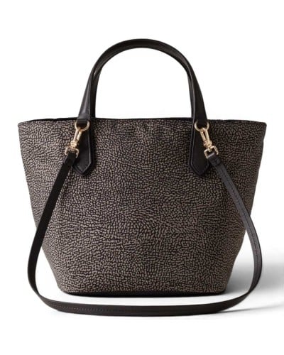 Borbonese Small Shopping Bag Women Catrame / Nero in Fabric and Calf Leather OP Print with Handles