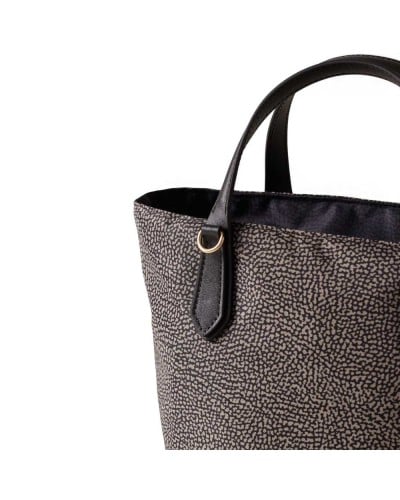 Borbonese Small Shopping Bag Women Catrame / Nero in Fabric and Calf Leather OP Print with Handles