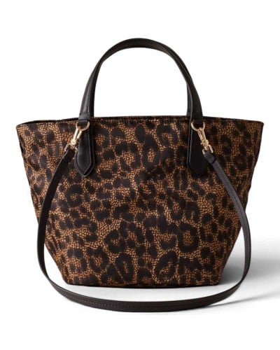 Borbonese Small Shopping Bag Women Corteccia in Tecno Leopard Fabric and Calf Leather with Handles