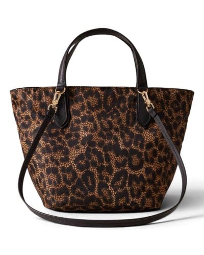 Borbonese Small Shopping Bag Women Corteccia in Tecno Leopard Fabric and Calf Leather with Handles