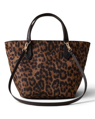 Borbonese Small Shopping Bag Women Corteccia in Tecno Leopard Fabric and Calf Leather with Handles
