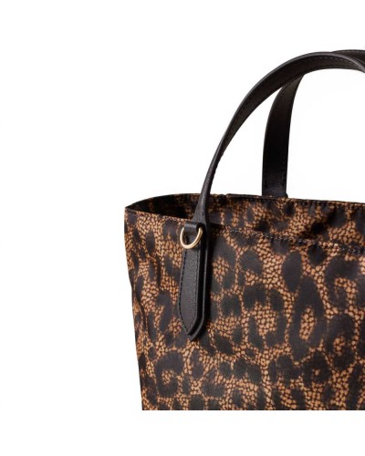 Borbonese Small Shopping Bag Women Corteccia in Tecno Leopard Fabric and Calf Leather with Handles