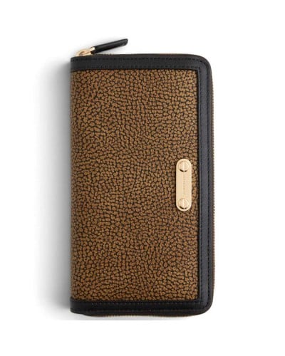 Borbonese Large Zip Around Wallet Women OP Naturale in OP Soft Canvas and Calf Leather OP Print with Zip-Around Closure