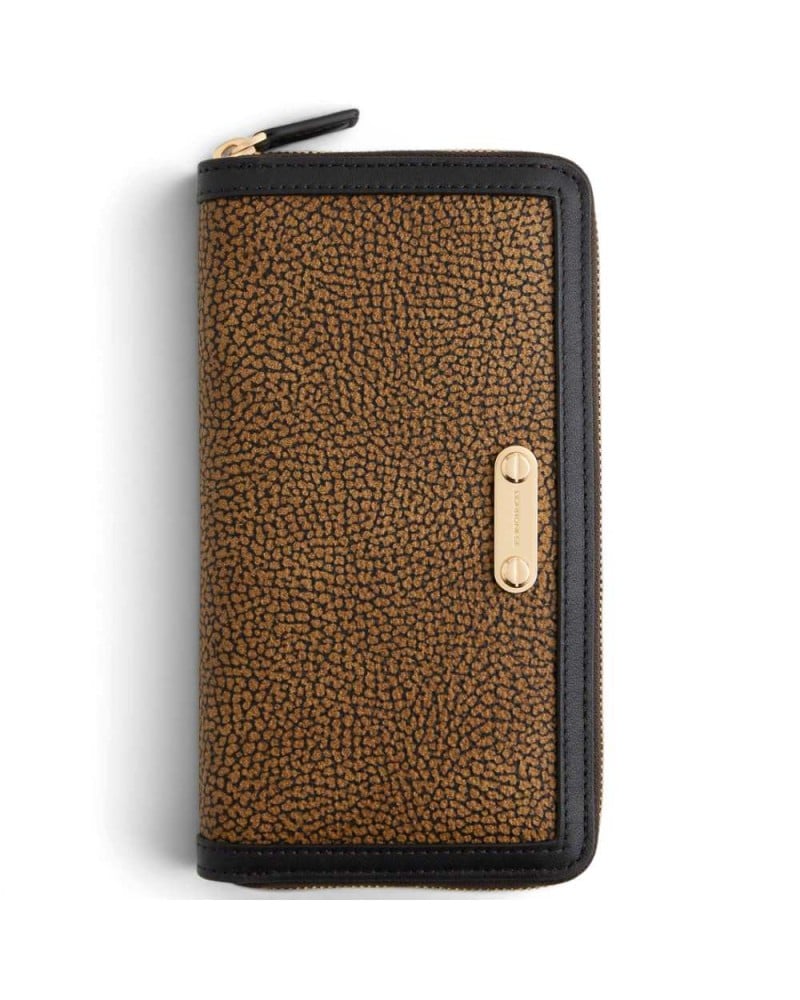 Borbonese Large Zip Around Wallet Women OP Naturale in OP Soft Canvas and Calf Leather OP Print with Zip-Around Closure