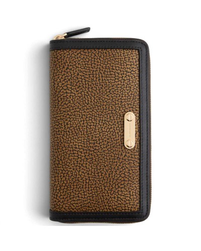 Borbonese Large Zip Around Wallet Women OP Naturale in OP Soft Canvas and Calf Leather OP Print with Zip-Around Closure