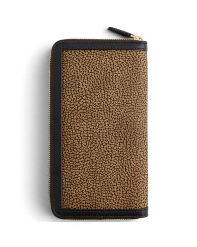 Borbonese Large Zip Around Wallet Women OP Naturale in OP Soft Canvas and Calf Leather OP Print with Zip-Around Closure