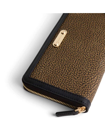 Borbonese Large Zip Around Wallet Women OP Naturale in OP Soft Canvas and Calf Leather OP Print with Zip-Around Closure