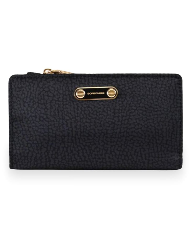 Borbonese Medium Zip Around Wallet Women Dark Black in Recycled Fabric OP Print with Zip-Around Closure