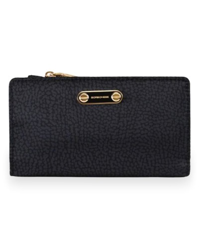 Borbonese Medium Zip Around Wallet Women Dark Black in Recycled Fabric OP Print with Zip-Around Closure