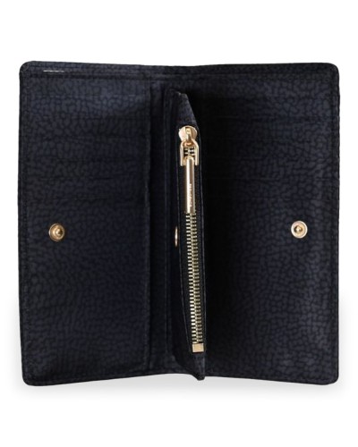 Borbonese Medium Zip Around Wallet Women Dark Black in Recycled Fabric OP Print with Zip-Around Closure