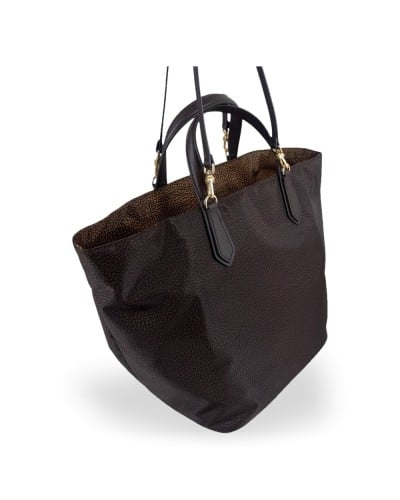 Borbonese Bolso Shopping M. Mujer Cioccolato / Castagno en Tejido y Piel Estampado OP con Asas