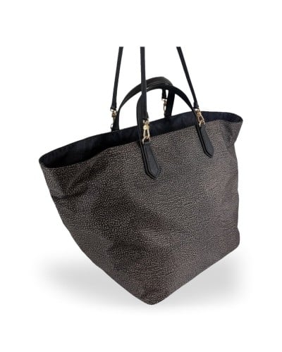 Borbonese Bolso Shopping L. Mujer Catrame / Nero en Tejido y Piel Estampado OP con Asas