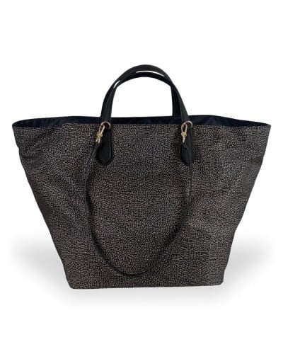 Borbonese Bolso Shopping L. Mujer Catrame / Nero en Tejido y Piel Estampado OP con Asas