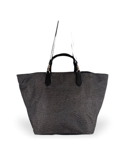 Borbonese Bolso Shopping L. Mujer Catrame / Nero en Tejido y Piel Estampado OP con Asas